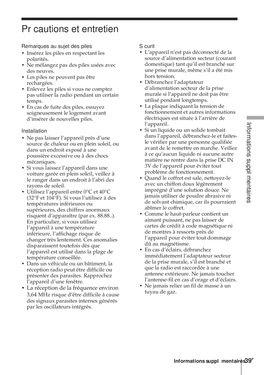 Sony ICF-SW1000TS Précautions et entretien, 39F, Remarques au sujet des piles, Installation, Sécurité 