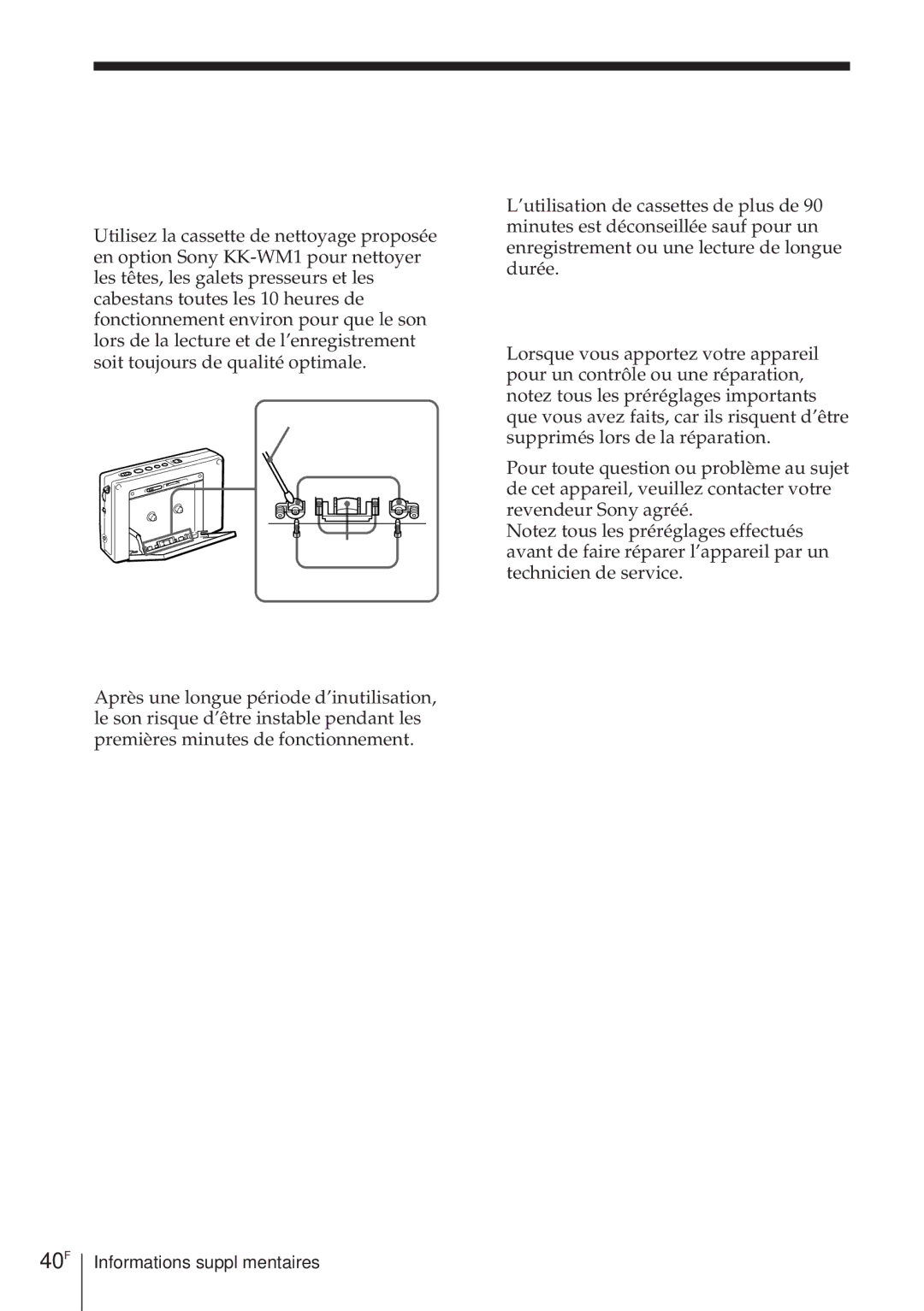 Sony ICF-SW1000TS operating instructions 40F, Utilisation des cassettes de plus de 90 minutes, Entretien et réparation 