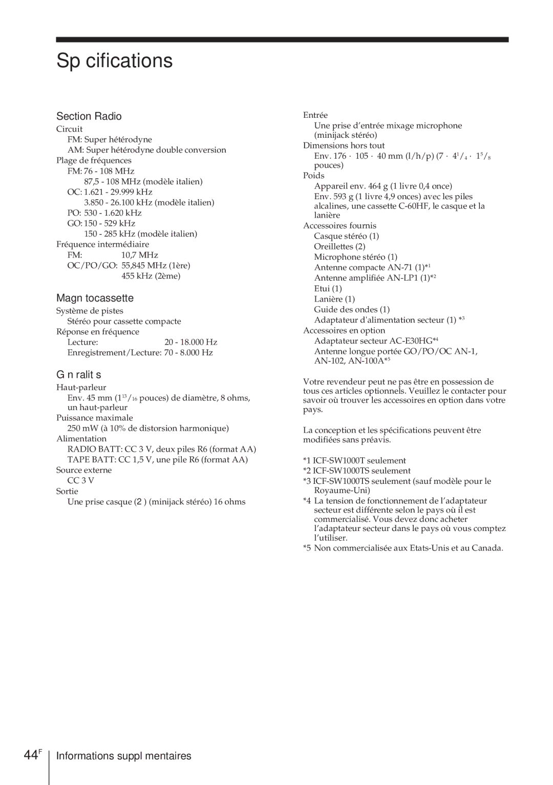 Sony ICF-SW1000TS operating instructions Spécifications, 44F, Section Radio, Magnétocassette, Généralités 