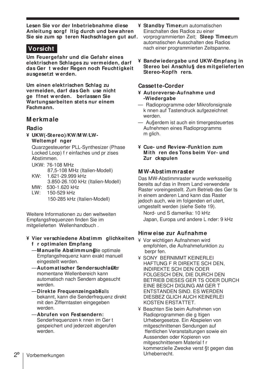 Sony ICF-SW1000TS Merkmale, MW-Abstimmraster, Hinweise zur Aufnahme, UKW-Stereo/KW/MW/LW- Weltempfänger 