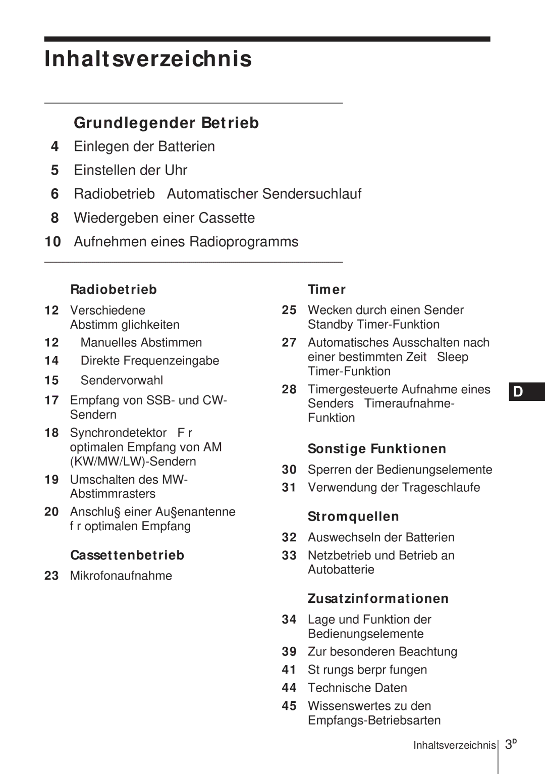 Sony ICF-SW1000TS operating instructions Inhaltsverzeichnis 