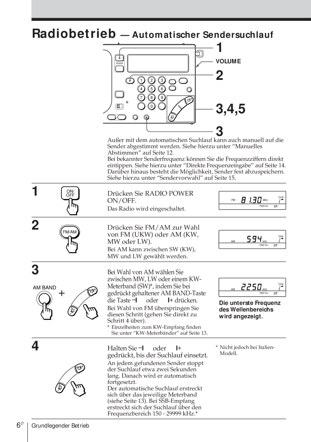 Sony ICF-SW1000TS operating instructions Halten Sie -1¿oder ÷1+, Gedrückt, bis der Suchlauf einsetzt 