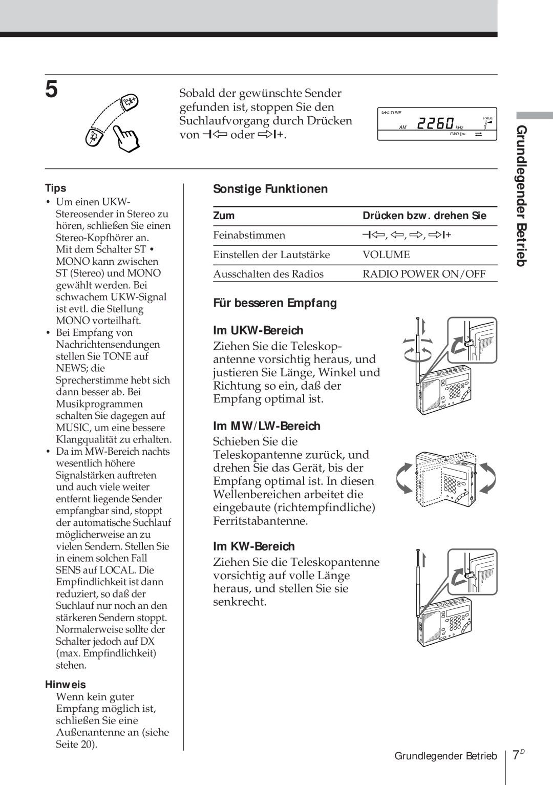 Sony ICF-SW1000TS Sonstige Funktionen, Für besseren Empfang Im UKW-Bereich, Im MW/LW-Bereich, Im KW-Bereich 