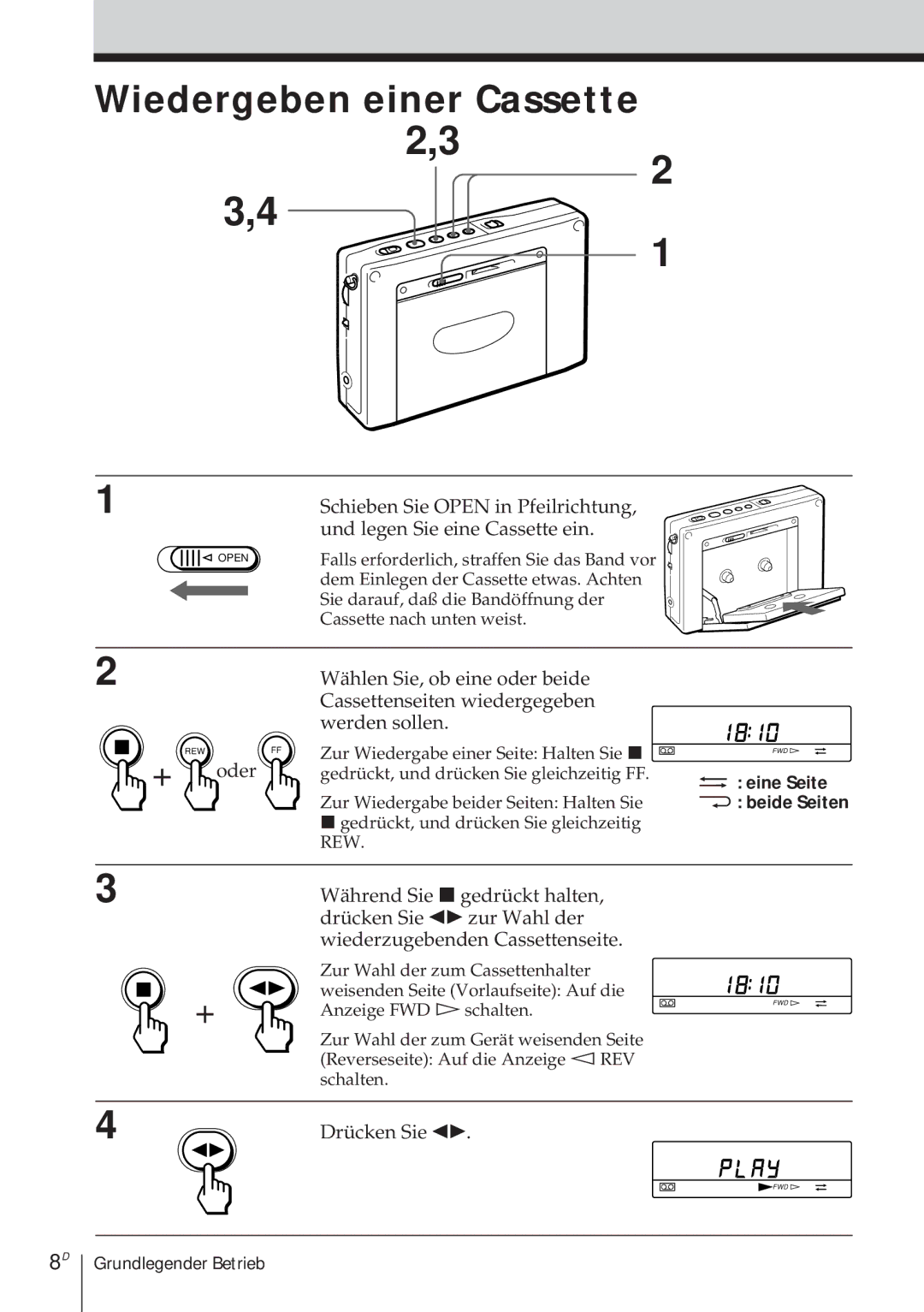 Sony ICF-SW1000TS Wiedergeben einer Cassette, Während Sie pgedrückt halten, Drücken Sie œ zur Wahl der 