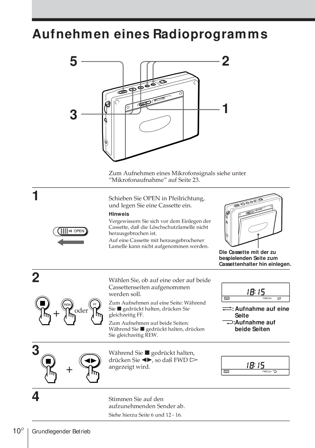 Sony ICF-SW1000TS Aufnehmen eines Radioprogramms, 10D, + oder, Aufnahme auf eine Seite ÅAufnahme auf Beide Seiten 