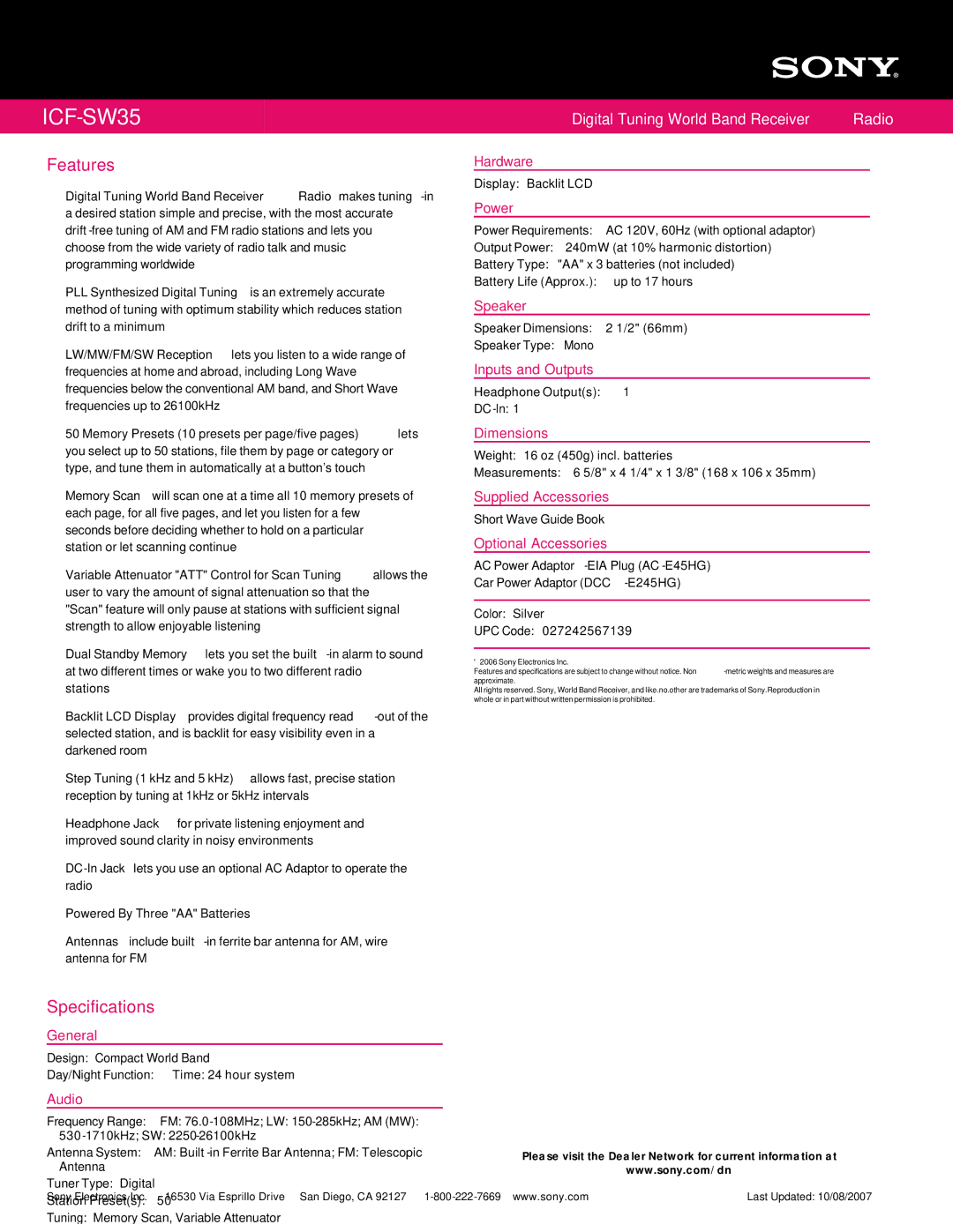 Sony ICF-SW35 manual Features, Specifications 