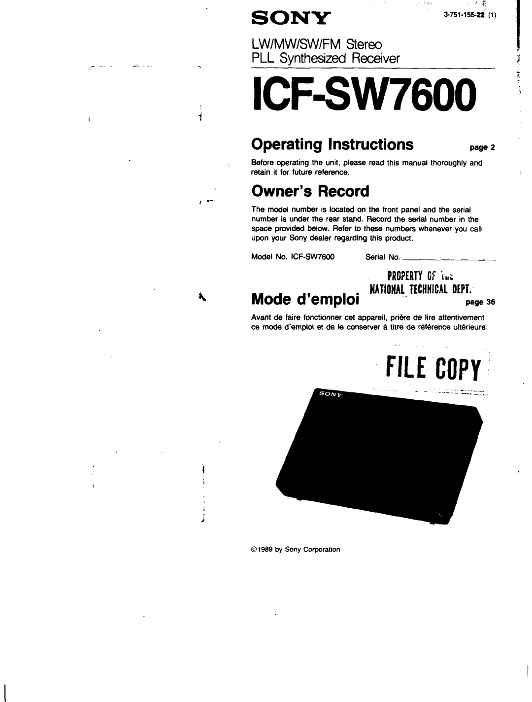Sony ICF-SW7600 manual 