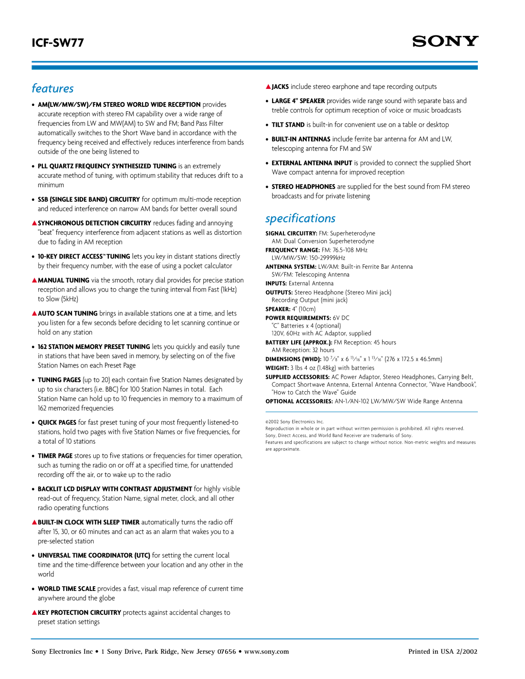 Sony ICF-SW77 manual Features, Specifications, Jacks include stereo earphone and tape recording outputs 