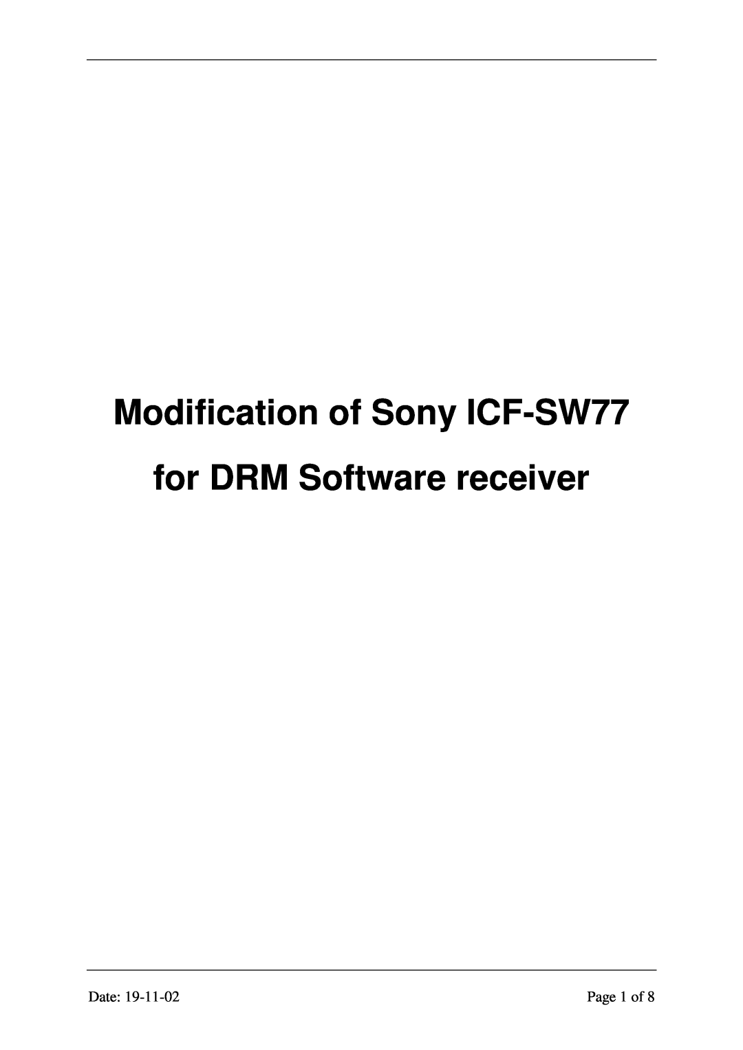 Sony manual Modification of Sony ICF-SW77, for DRM Software receiver, Date, Page 1 of 
