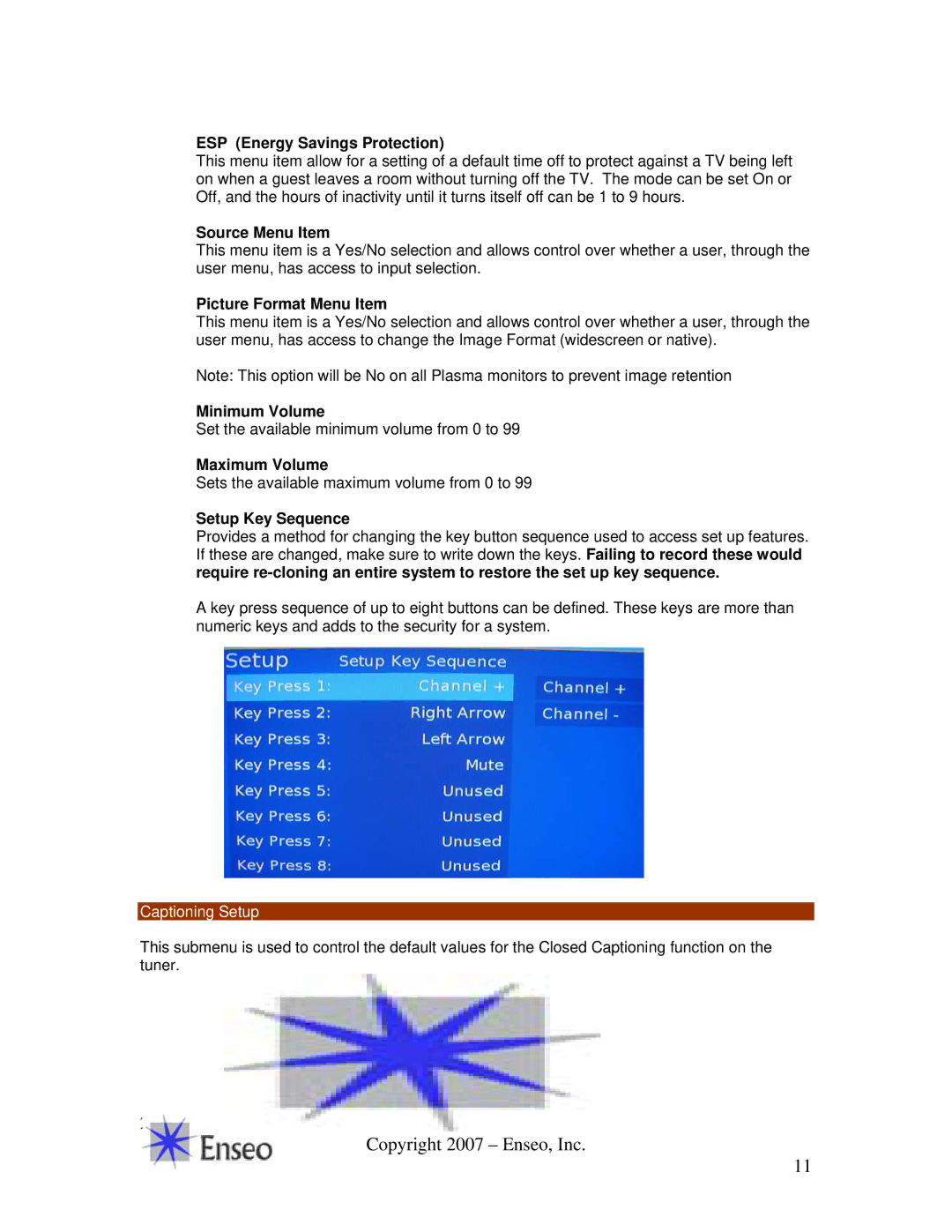 Sony ICS-SP30 ESP Energy Savings Protection, Source Menu Item, Picture Format Menu Item, Minimum Volume, Maximum Volume 