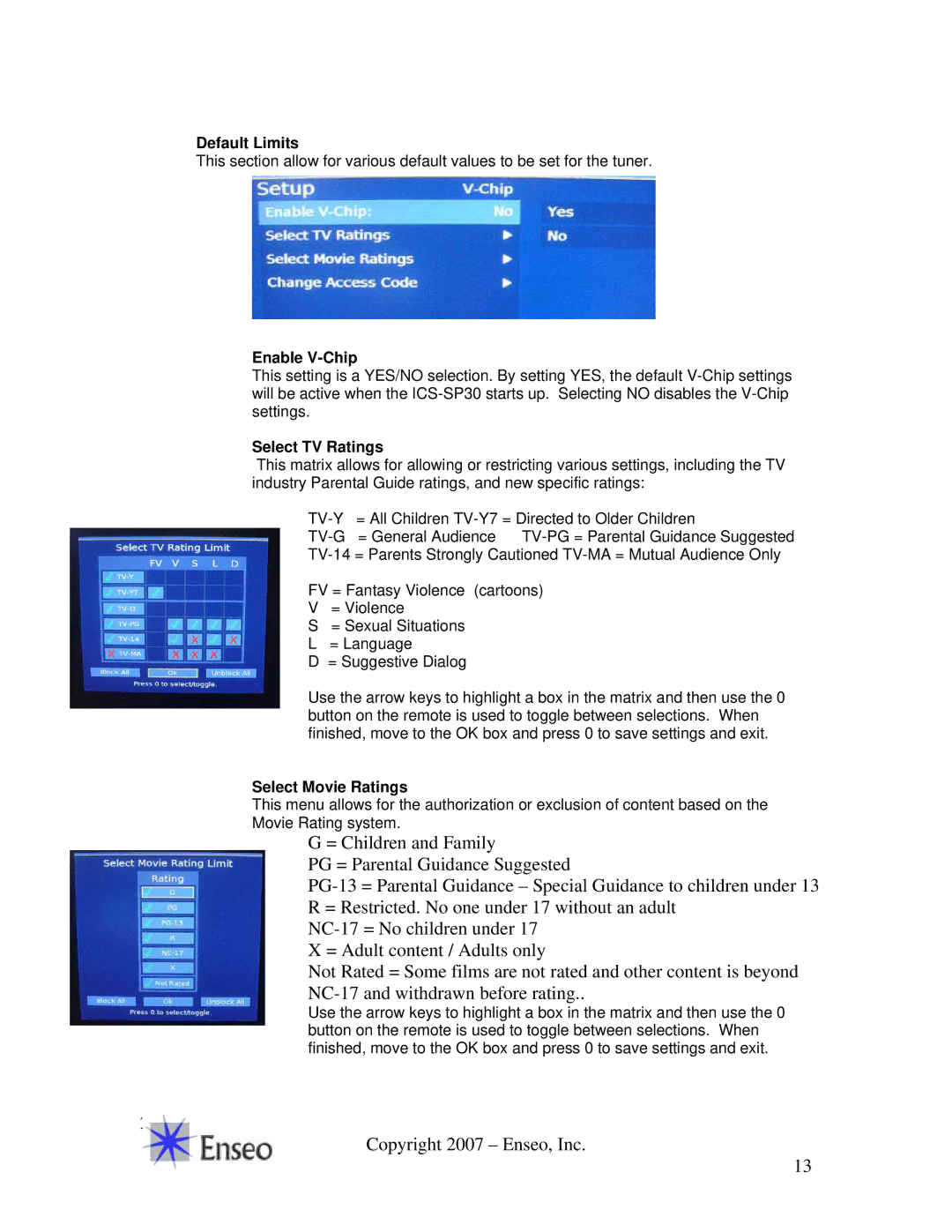 Sony ICS-SP30 manual Default Limits, Enable V-Chip, Select TV Ratings, Select Movie Ratings 