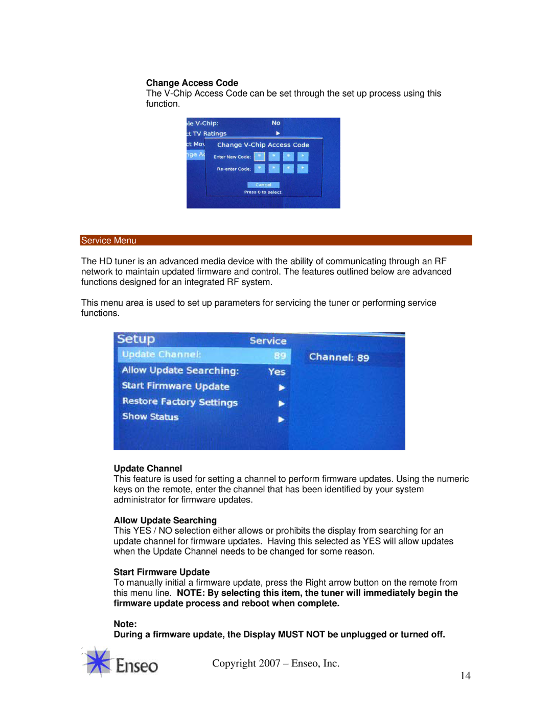 Sony ICS-SP30 manual Change Access Code, Service Menu, Update Channel, Allow Update Searching, Start Firmware Update 