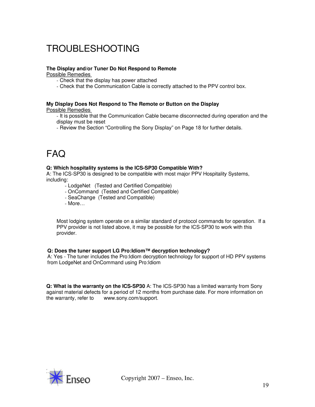 Sony manual Display and/or Tuner Do Not Respond to Remote, Which hospitality systems is the ICS-SP30 Compatible With? 