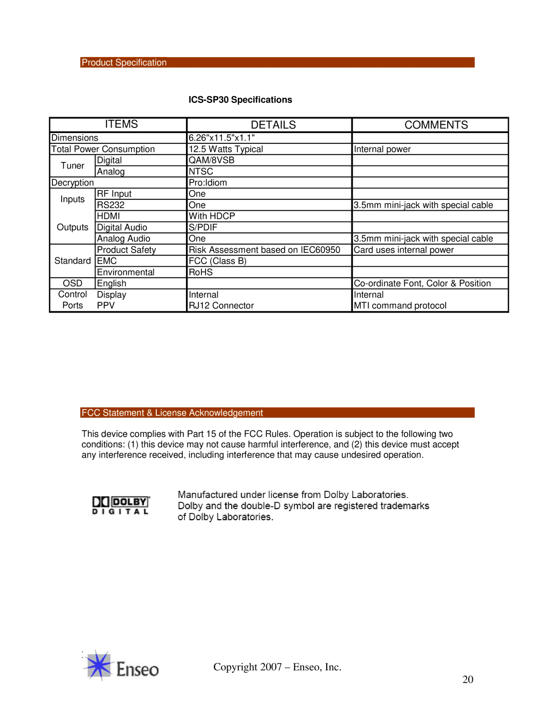 Sony manual Product Specification, ICS-SP30 Specifications, FCC Statement & License Acknowledgement 