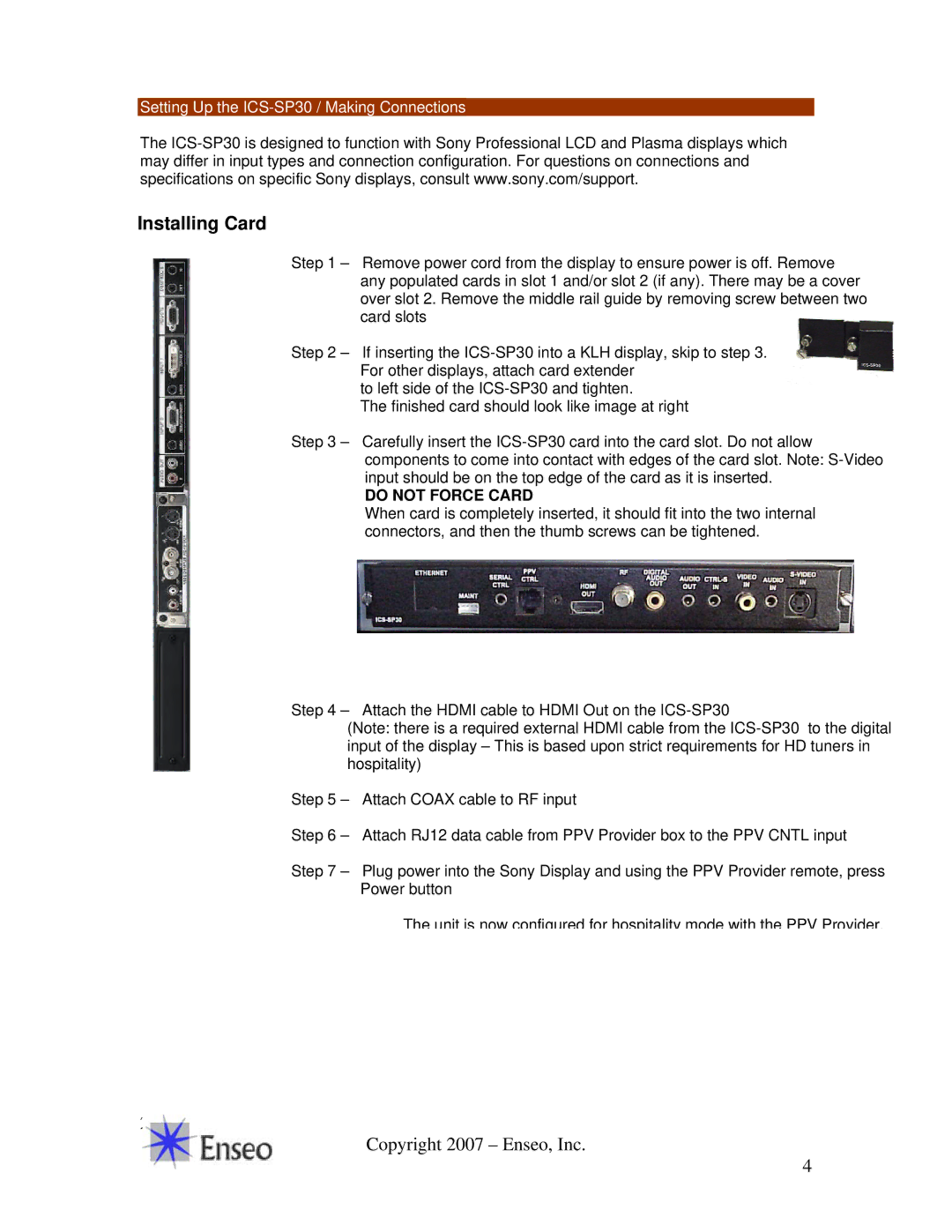 Sony manual Installing Card, Setting Up the ICS-SP30 / Making Connections 