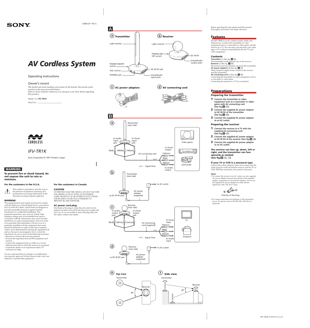 Sony IFV-TR1K operating instructions Features, Preparations 