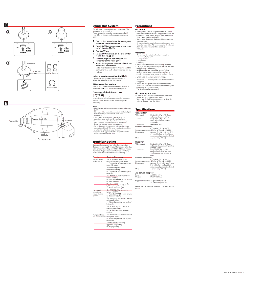 Sony IFV-TR1K operating instructions Using This System, Precautions, Troubleshooting, Specifications 