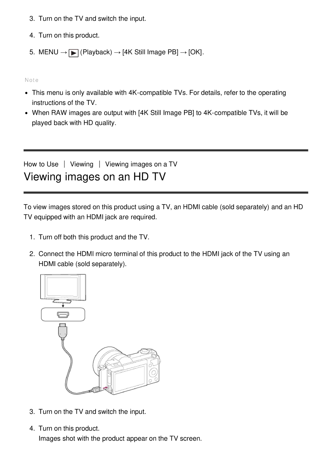 Sony ILCE-5000 manual Viewing images on an HD TV 