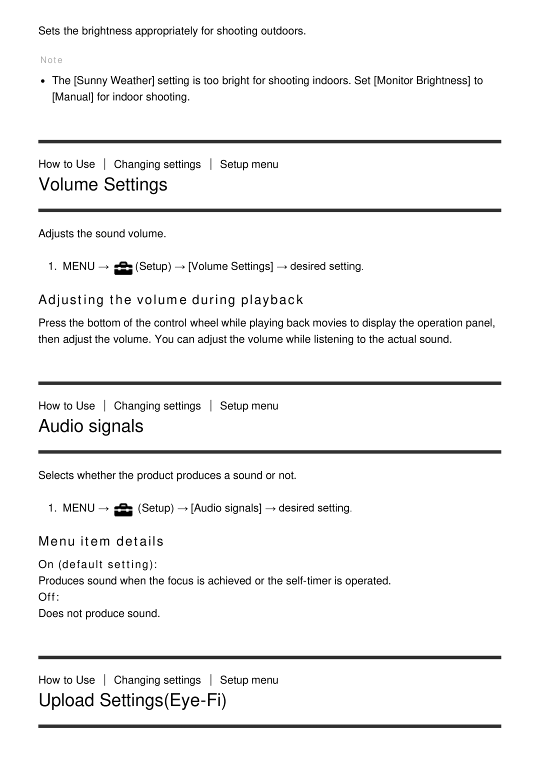 Sony ILCE-5000 manual Volume Settings, Audio signals, Upload SettingsEye-Fi, Adjusting the volume during playback 