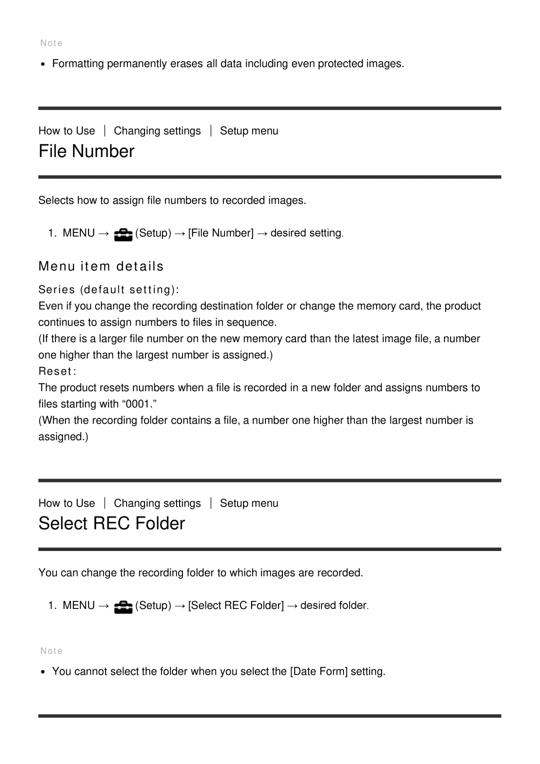 Sony ILCE-5000 manual File Number, Select REC Folder, Series default setting, Reset 