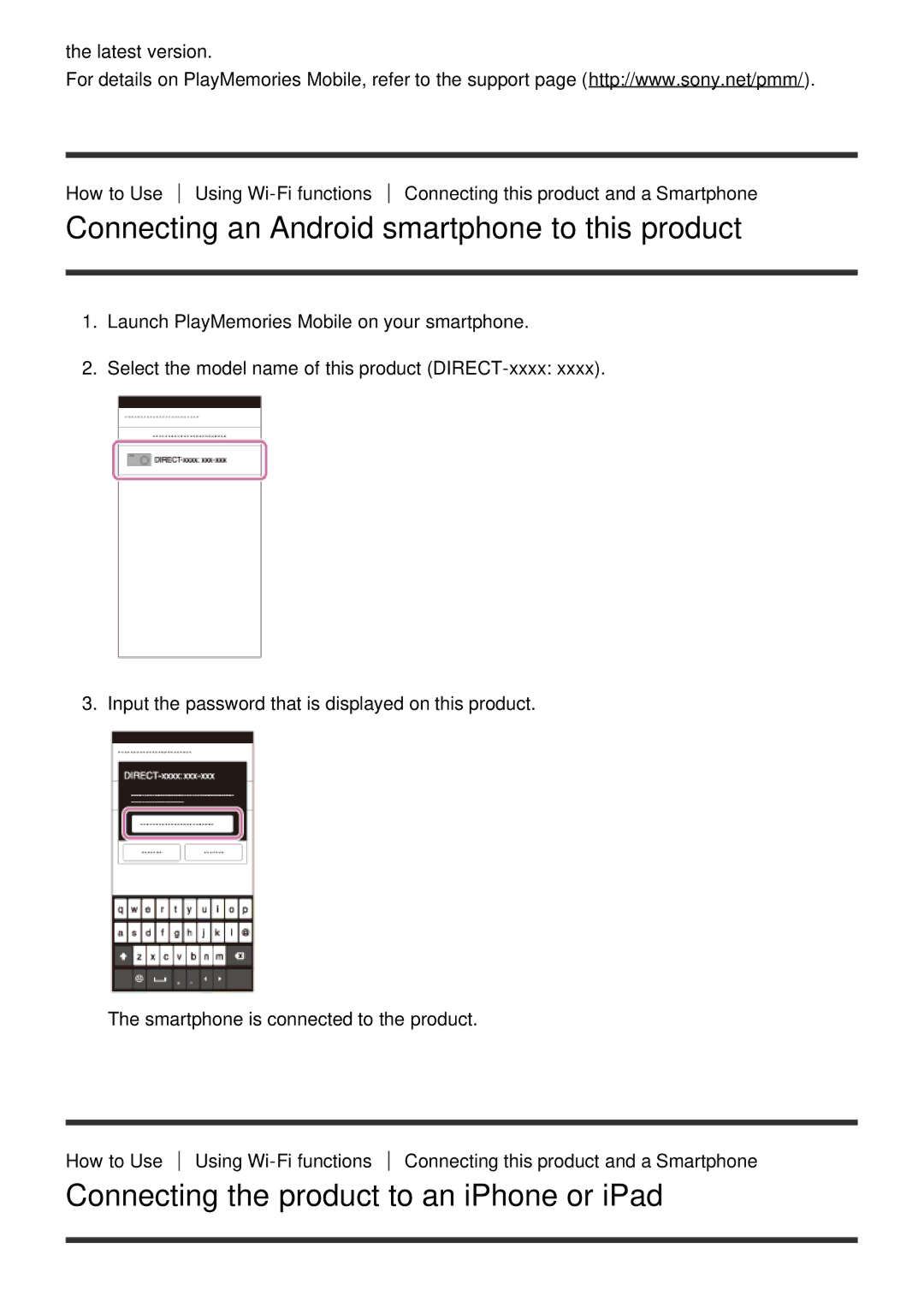 Sony ILCE-5000 manual Connecting an Android smartphone to this product, Connecting the product to an iPhone or iPad 