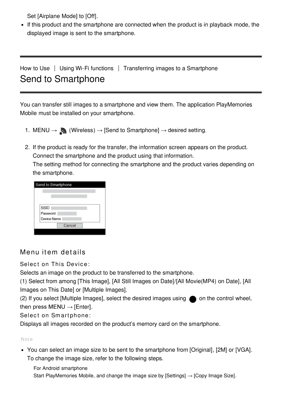 Sony ILCE-5000 manual Send to Smartphone, Select on This Device, Select on Smartphone 