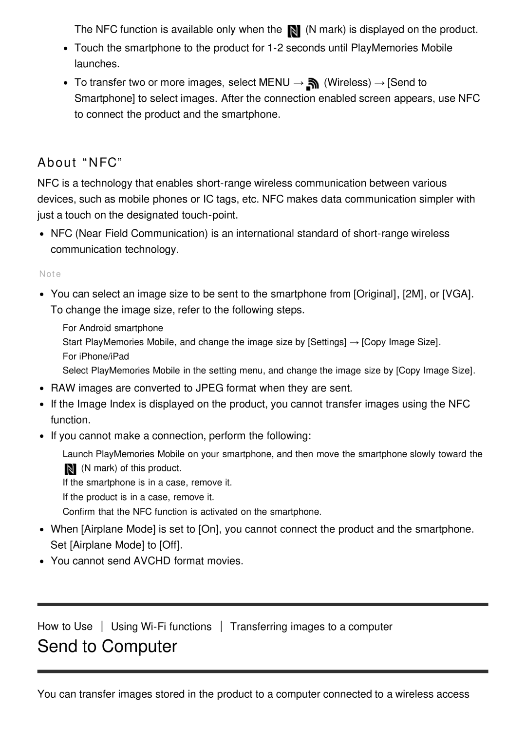 Sony ILCE-5000 manual Send to Computer, About NFC 