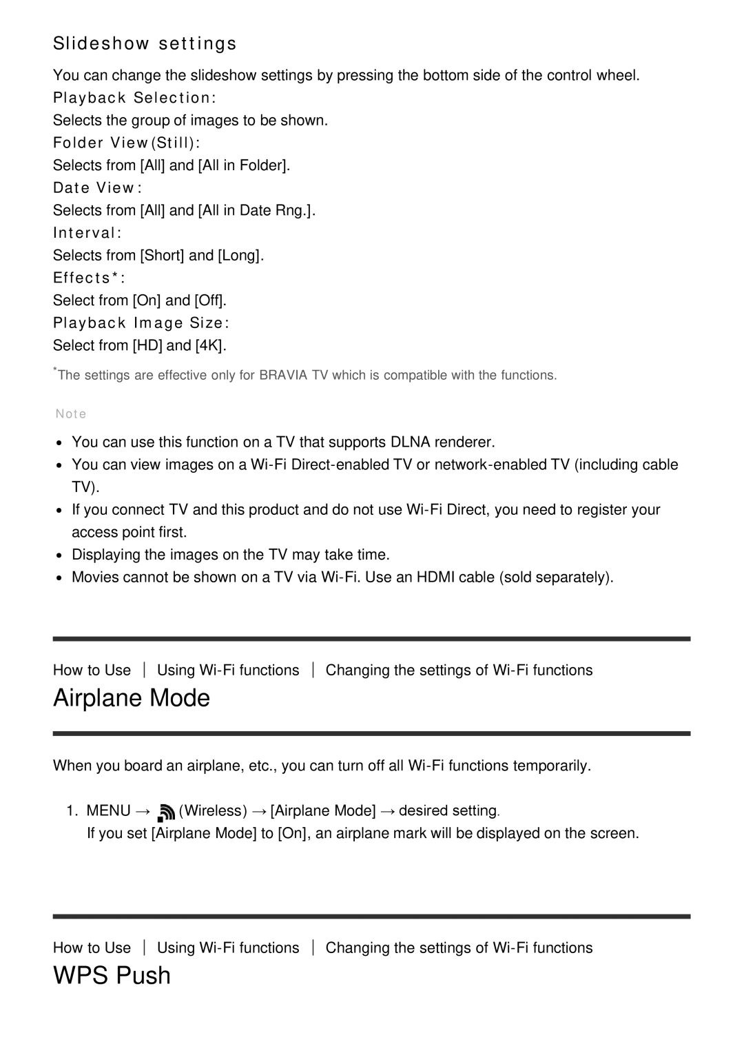 Sony ILCE-5000 manual Airplane Mode, WPS Push, Slideshow settings 