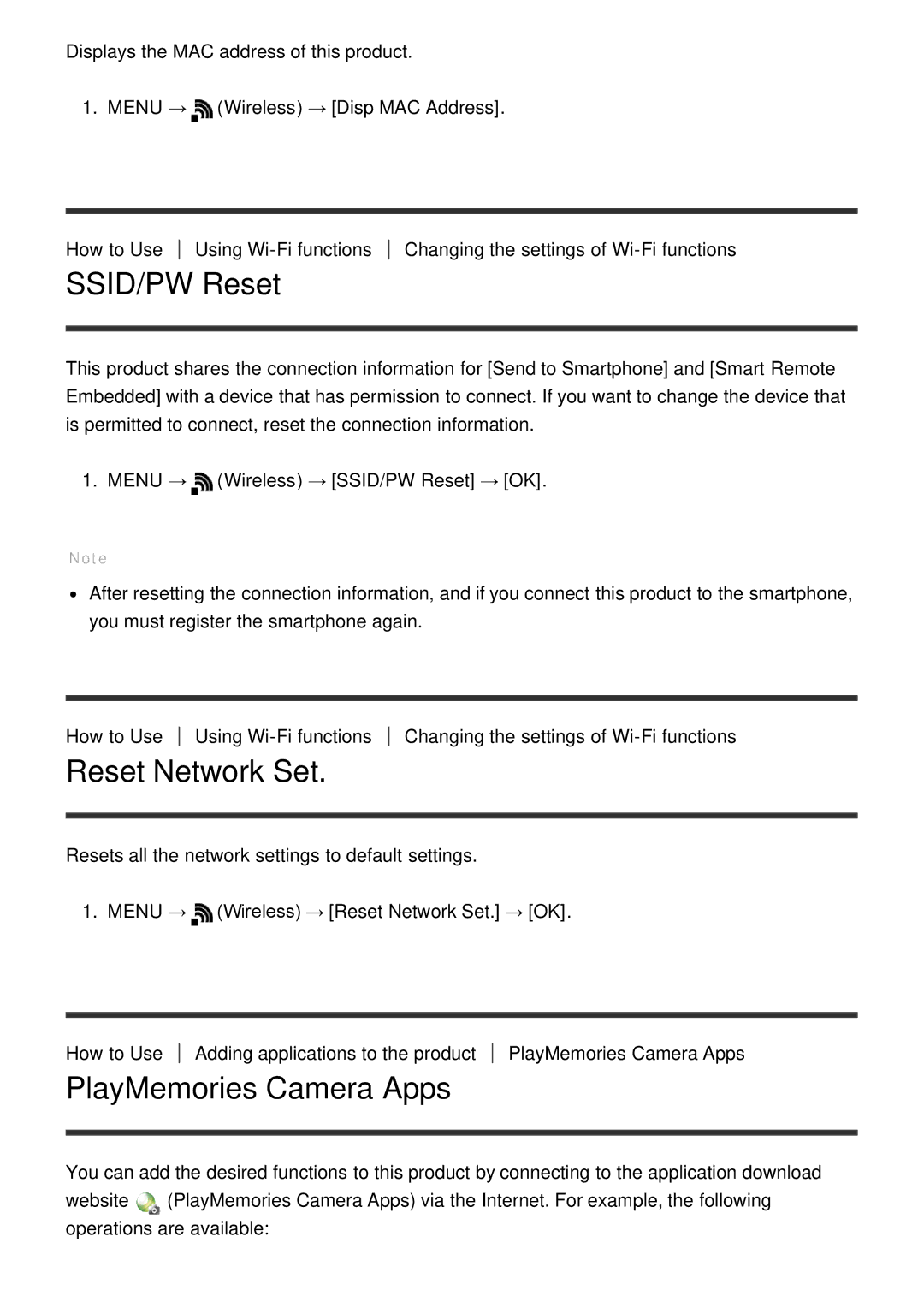 Sony ILCE-5000 manual SSID/PW Reset, Reset Network Set, PlayMemories Camera Apps 