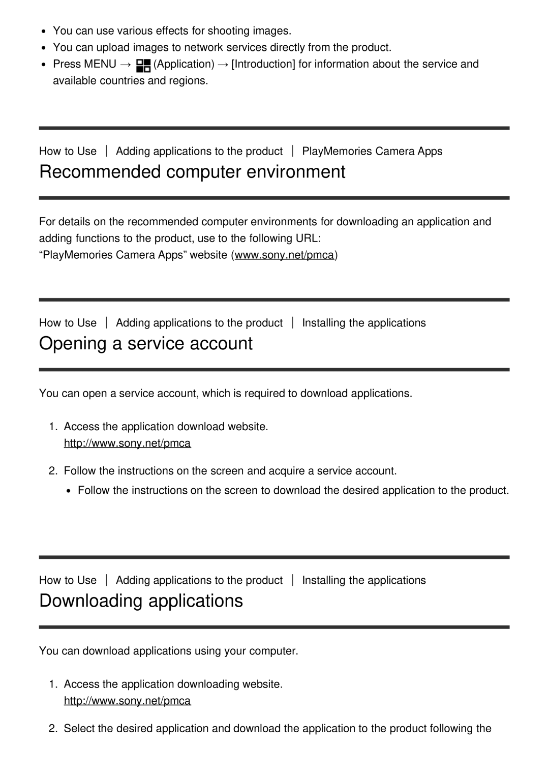 Sony ILCE-5000 manual Recommended computer environment, Opening a service account, Downloading applications 