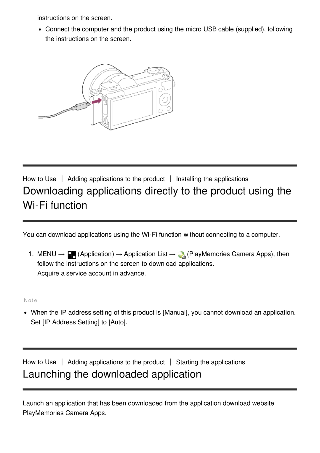 Sony ILCE-5000 manual Launching the downloaded application 