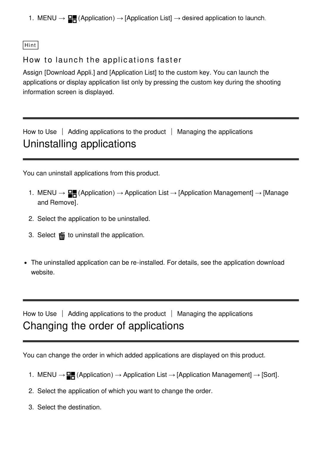 Sony ILCE-5000 manual Uninstalling applications, Changing the order of applications, How to launch the applications faster 