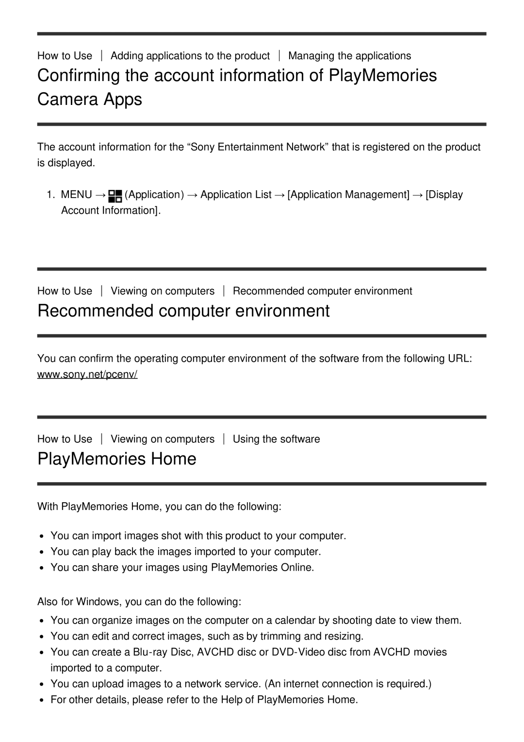 Sony ILCE-5000 manual Recommended computer environment, PlayMemories Home 