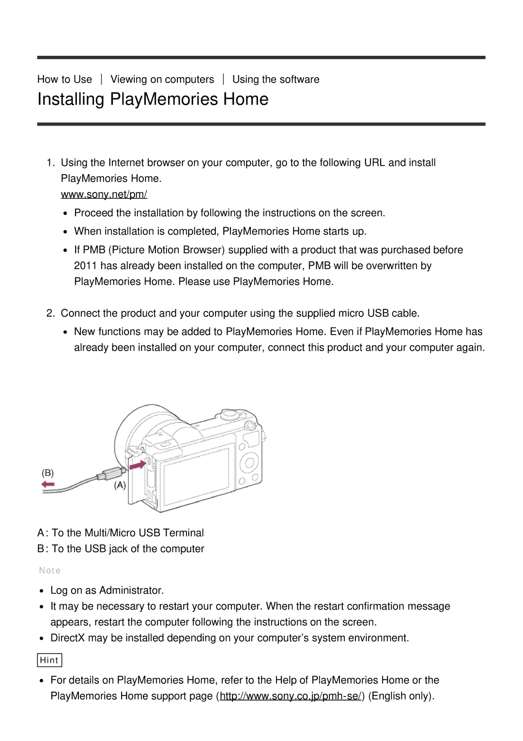 Sony ILCE-5000 manual Installing PlayMemories Home 