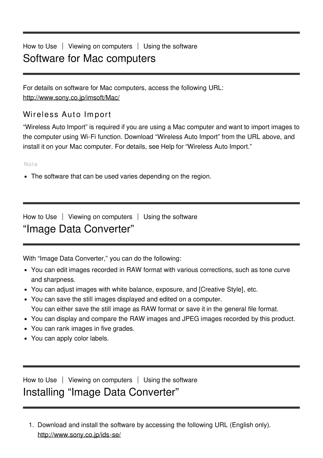 Sony ILCE-5000 manual Software for Mac computers, Installing Image Data Converter, Wireless Auto Import 