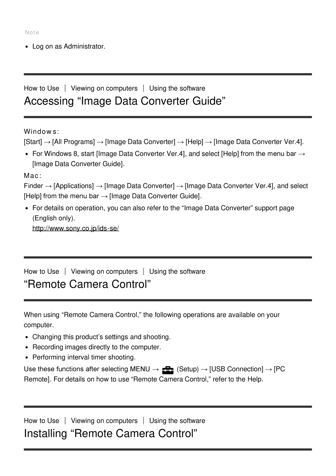 Sony ILCE-5000 manual Accessing Image Data Converter Guide, Installing Remote Camera Control, Windows, Mac 