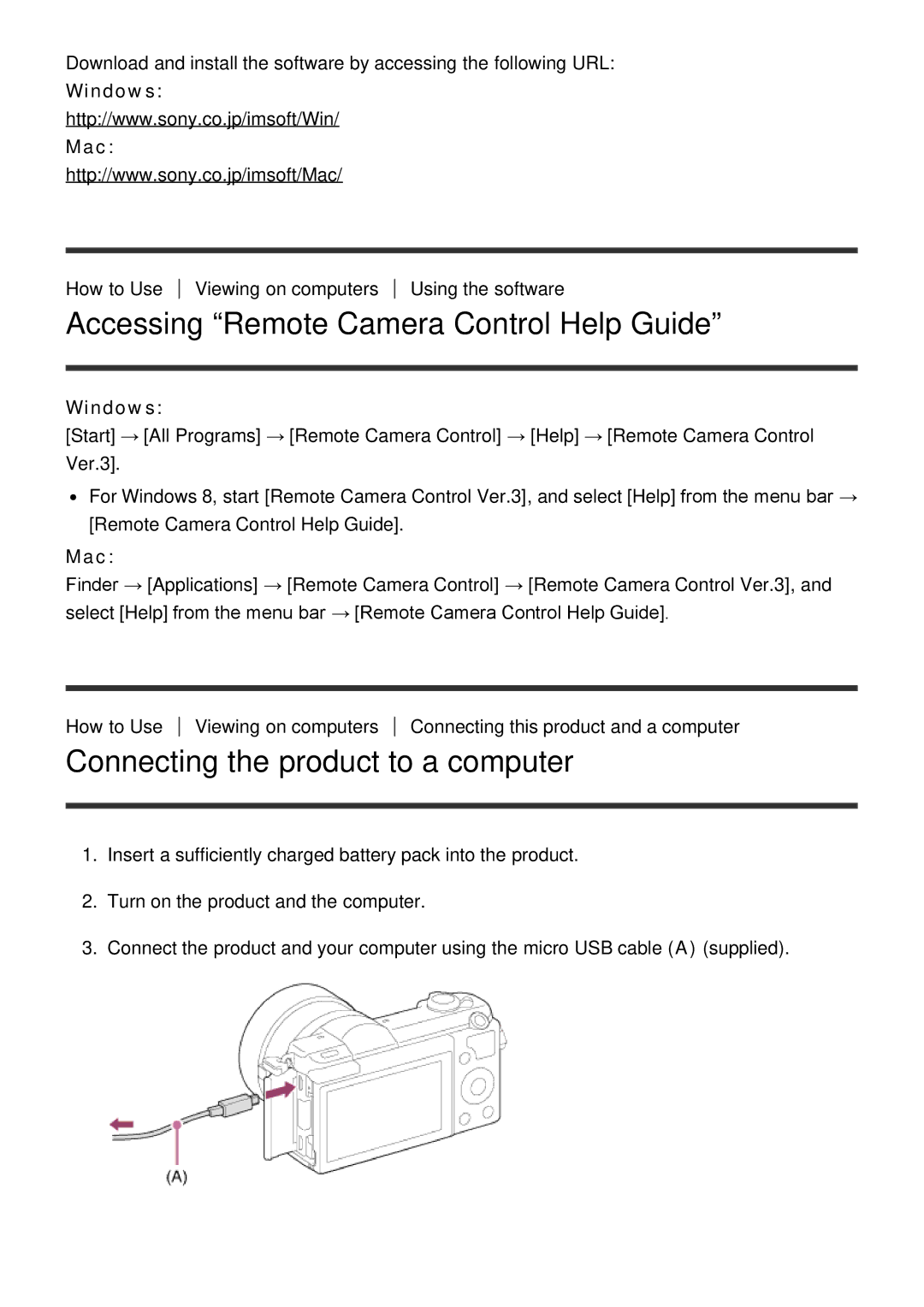 Sony ILCE-5000 manual Accessing Remote Camera Control Help Guide, Connecting the product to a computer, Windows Mac 