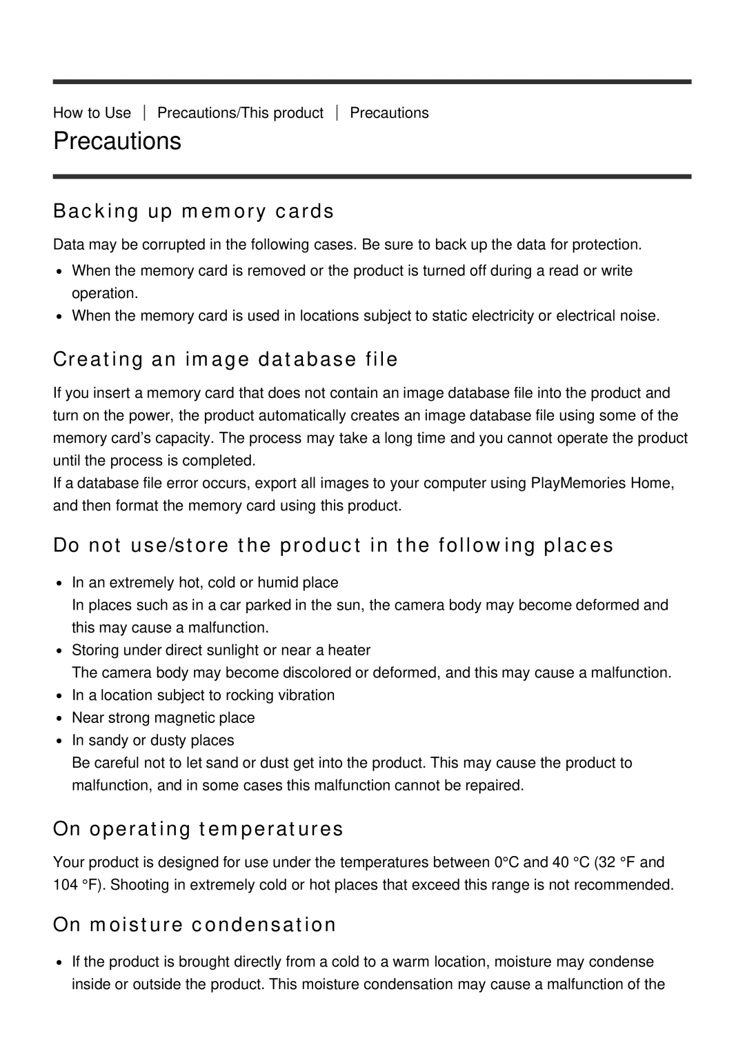 Sony ILCE-5000 manual Precautions 