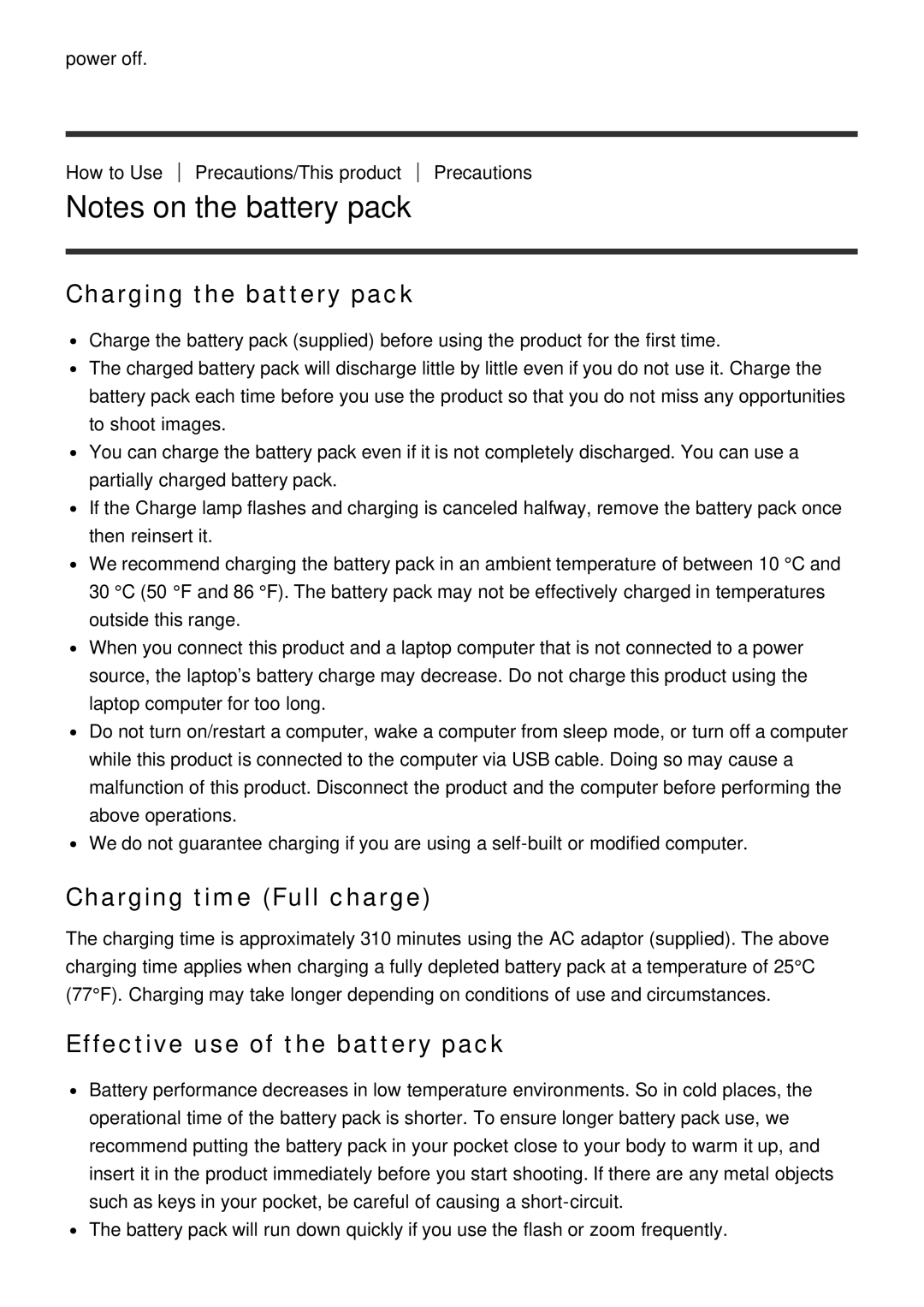 Sony ILCE-5000 manual Charging the battery pack, Charging time Full charge, Effective use of the battery pack 