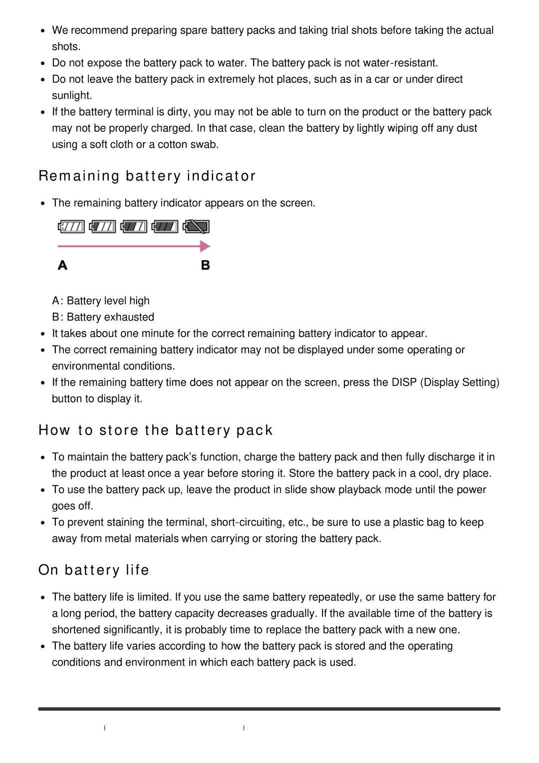 Sony ILCE-5000 manual Remaining battery indicator, How to store the battery pack, On battery life 