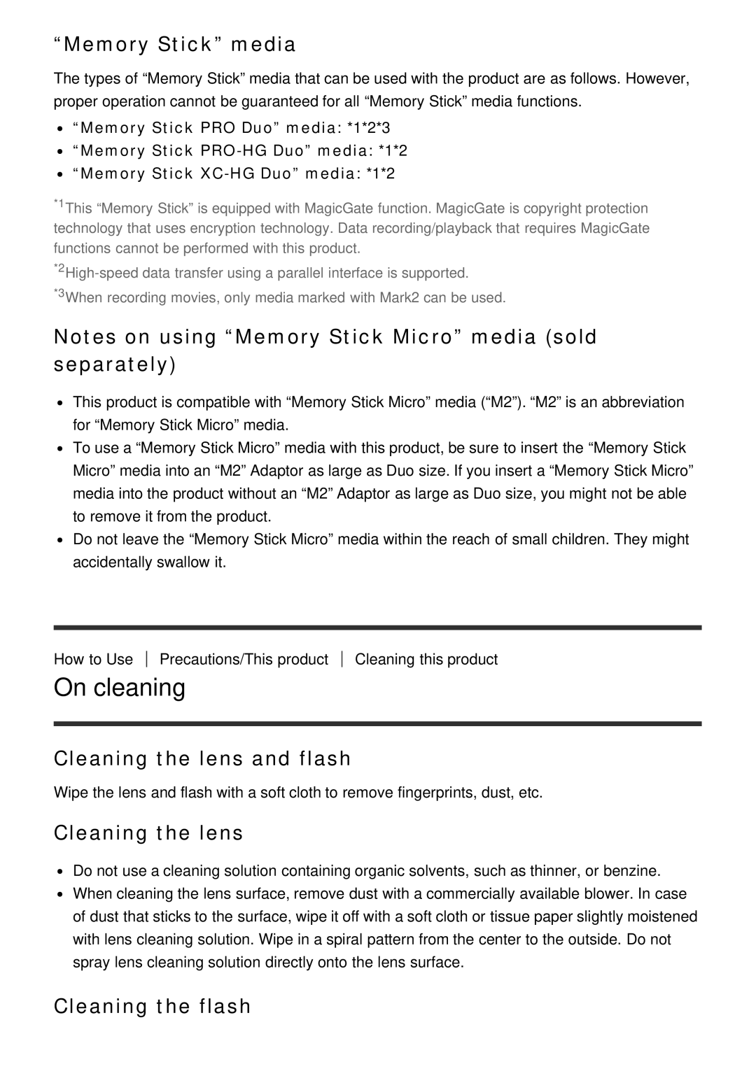 Sony ILCE-5000 manual On cleaning, Memory Stick media, Cleaning the lens and flash, Cleaning the flash 