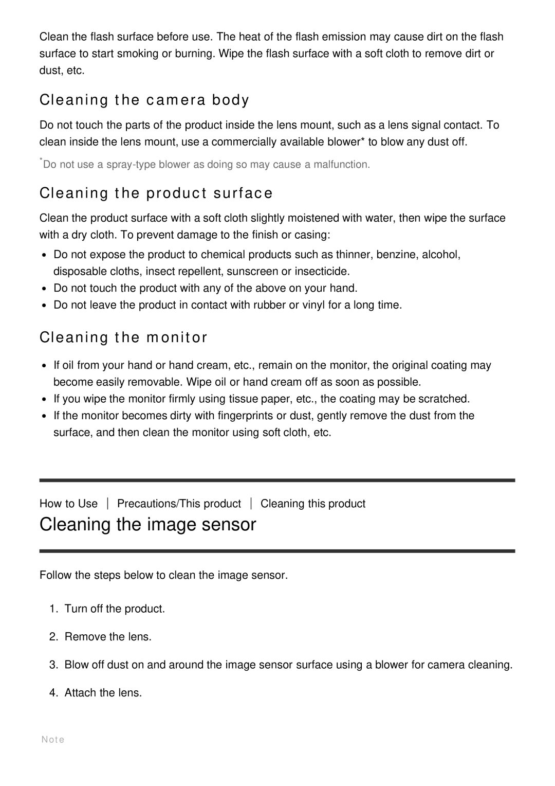 Sony ILCE-5000 Cleaning the image sensor, Cleaning the camera body, Cleaning the product surface, Cleaning the monitor 