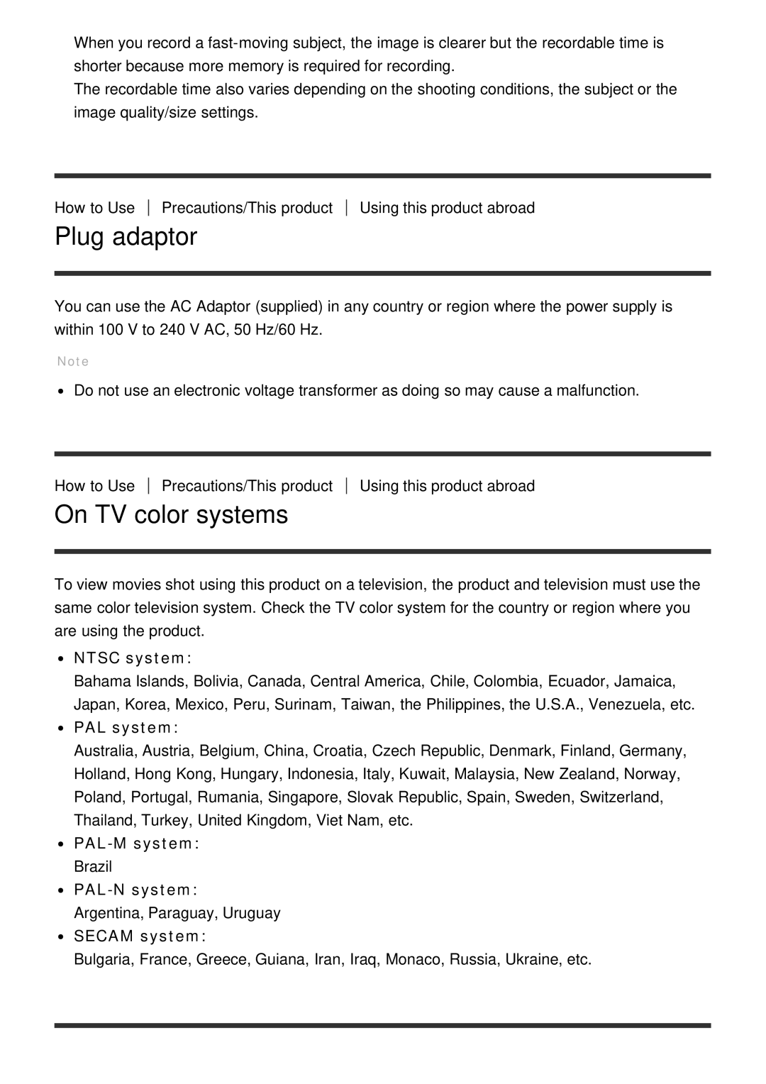 Sony ILCE-5000 manual Plug adaptor, On TV color systems 