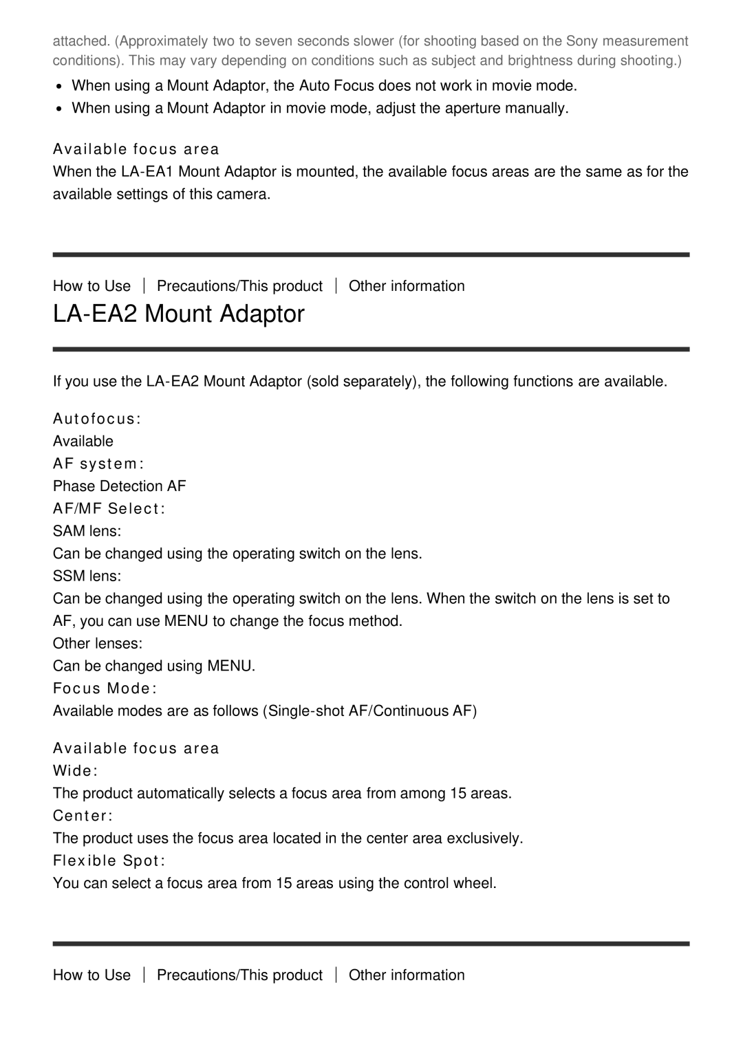 Sony ILCE-5000 manual LA-EA2 Mount Adaptor, Available focus area Wide 