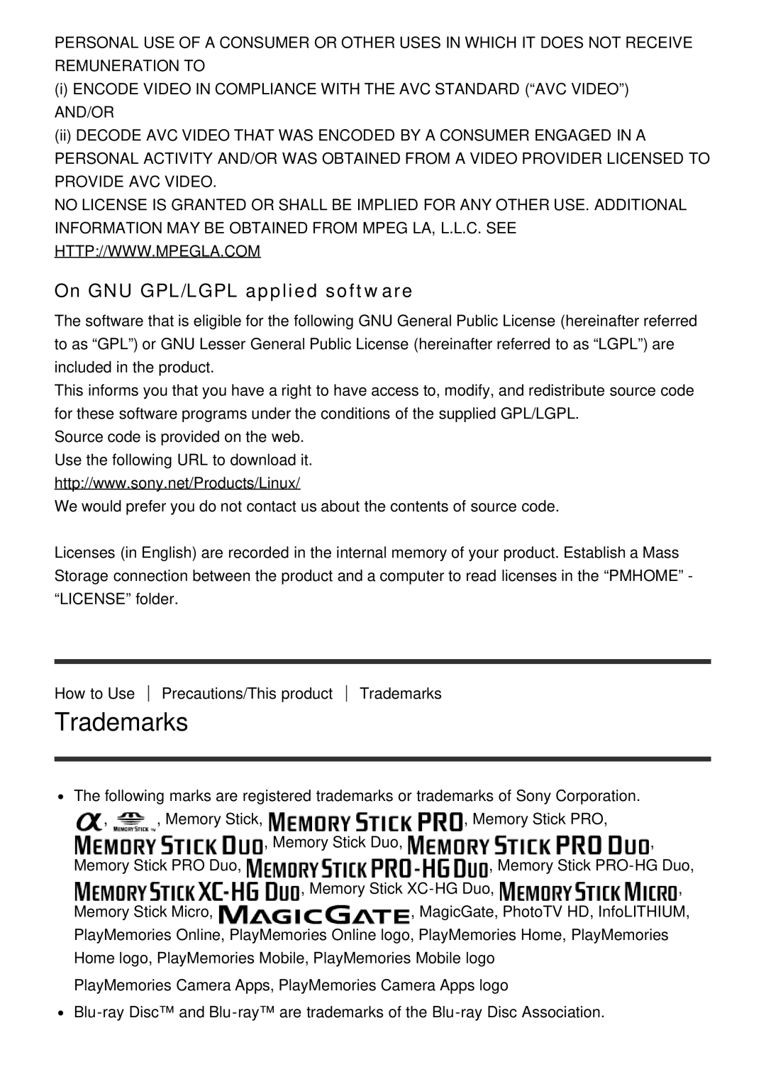 Sony ILCE-5000 manual Trademarks, On GNU GPL/LGPL applied software 