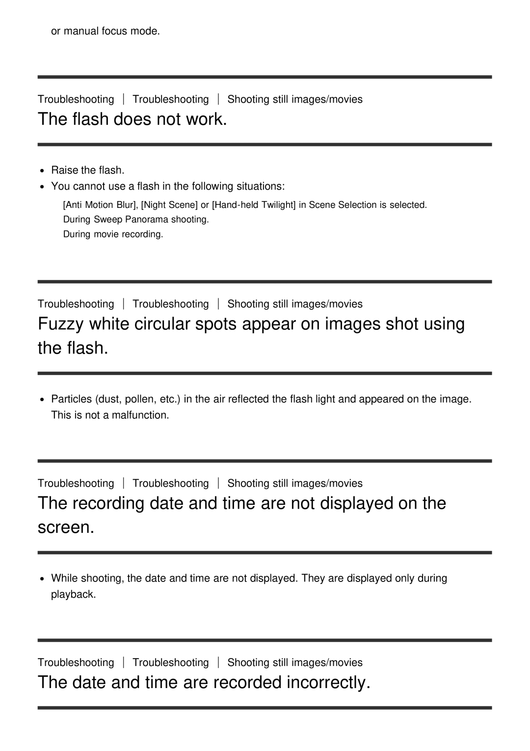 Sony ILCE-5000 manual Flash does not work, Recording date and time are not displayed on the screen 