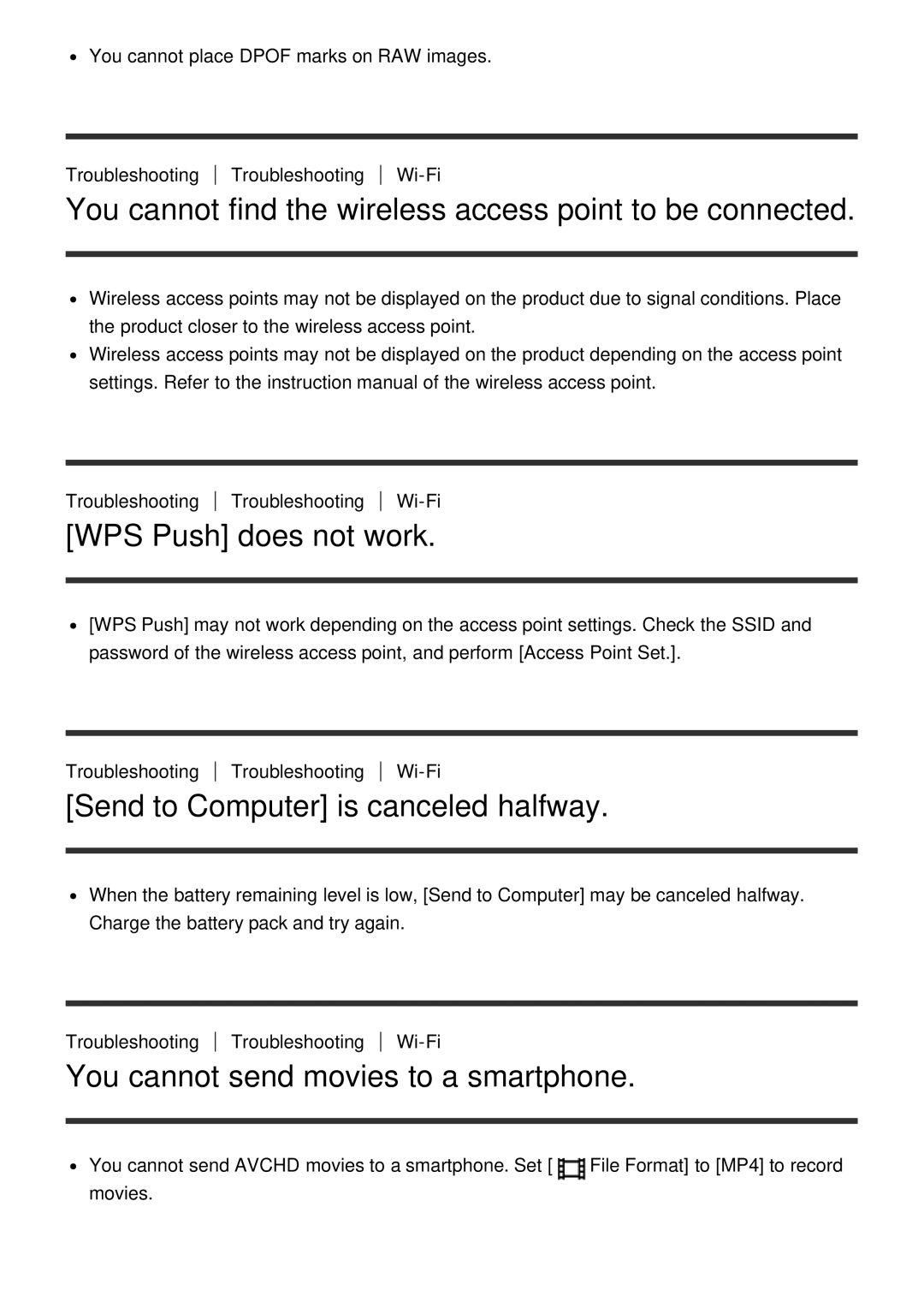 Sony ILCE-5000 manual You cannot find the wireless access point to be connected, WPS Push does not work 