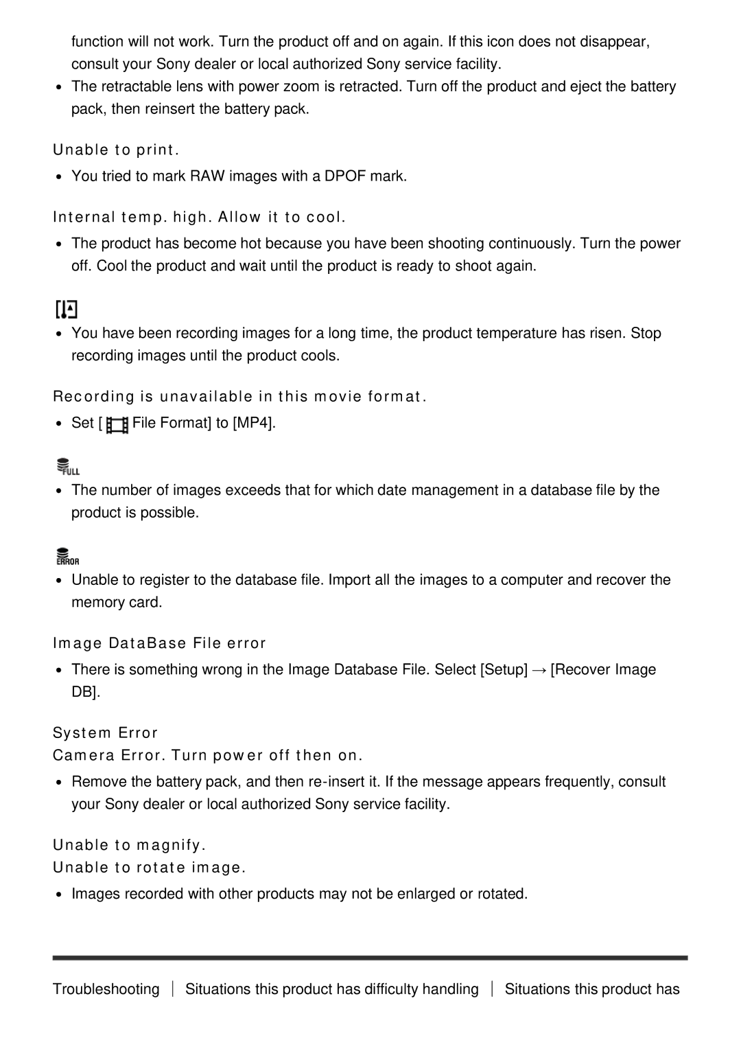 Sony ILCE-5000 manual Unable to print, Internal temp. high. Allow it to cool, Recording is unavailable in this movie format 