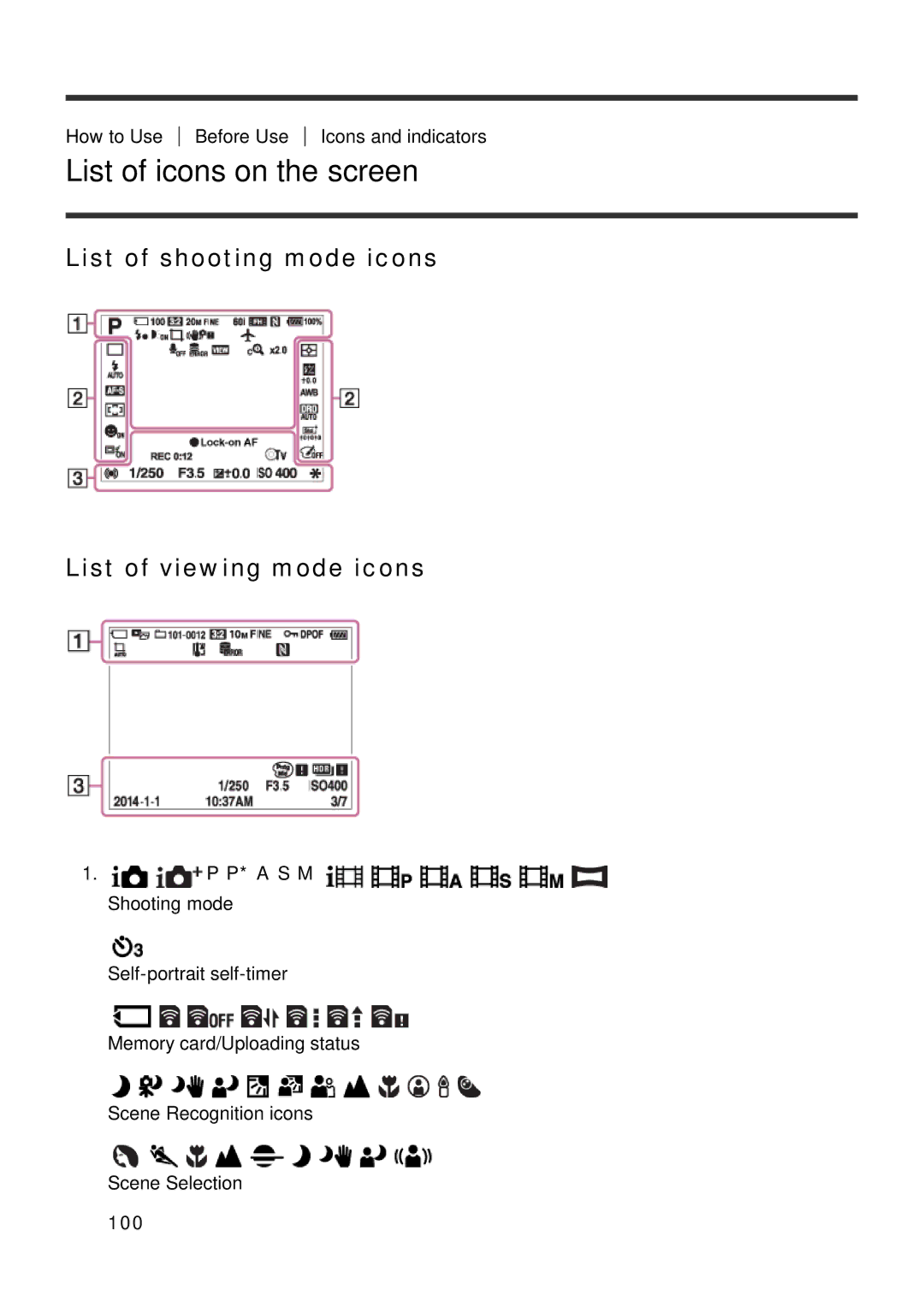 Sony ILCE-5000 manual List of icons on the screen, List of shooting mode icons List of viewing mode icons, P* a S M, 100 