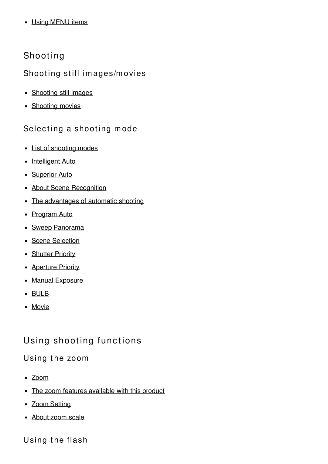 Sony ILCE-5000 manual Shooting, Using shooting functions 